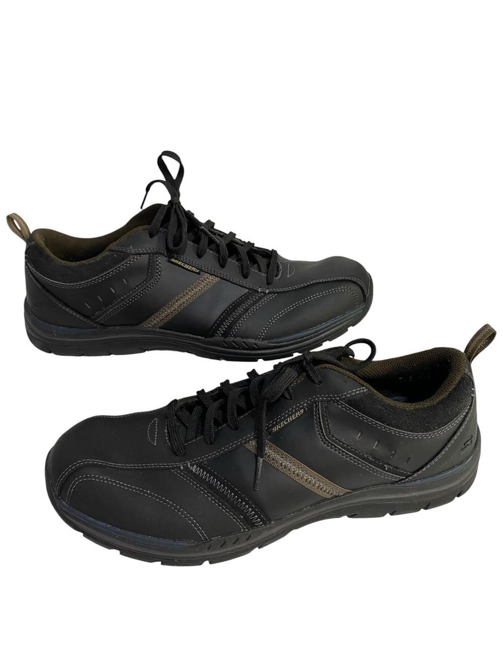 Skechers Men's Black Sneakers Leather Brown Accent Stripe Memory Foam Size 13